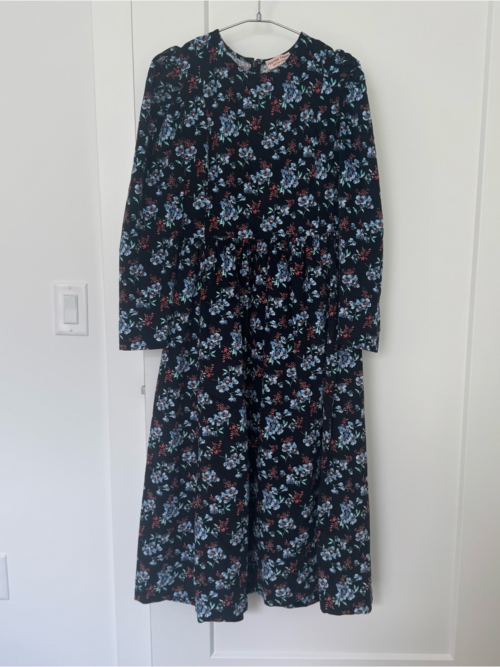 Justine Tabak Floral Micro Corduroy Midi Dress XS Black Blue Needlecord Prairie
